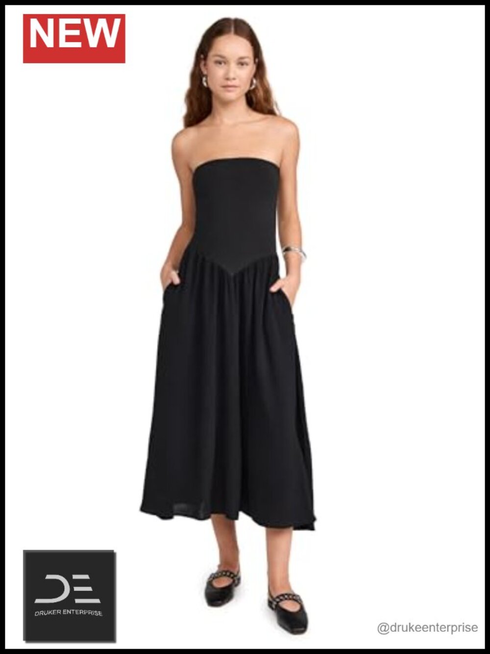 Strapless A-Line Midi Dress with Pockets Stretch Jersey